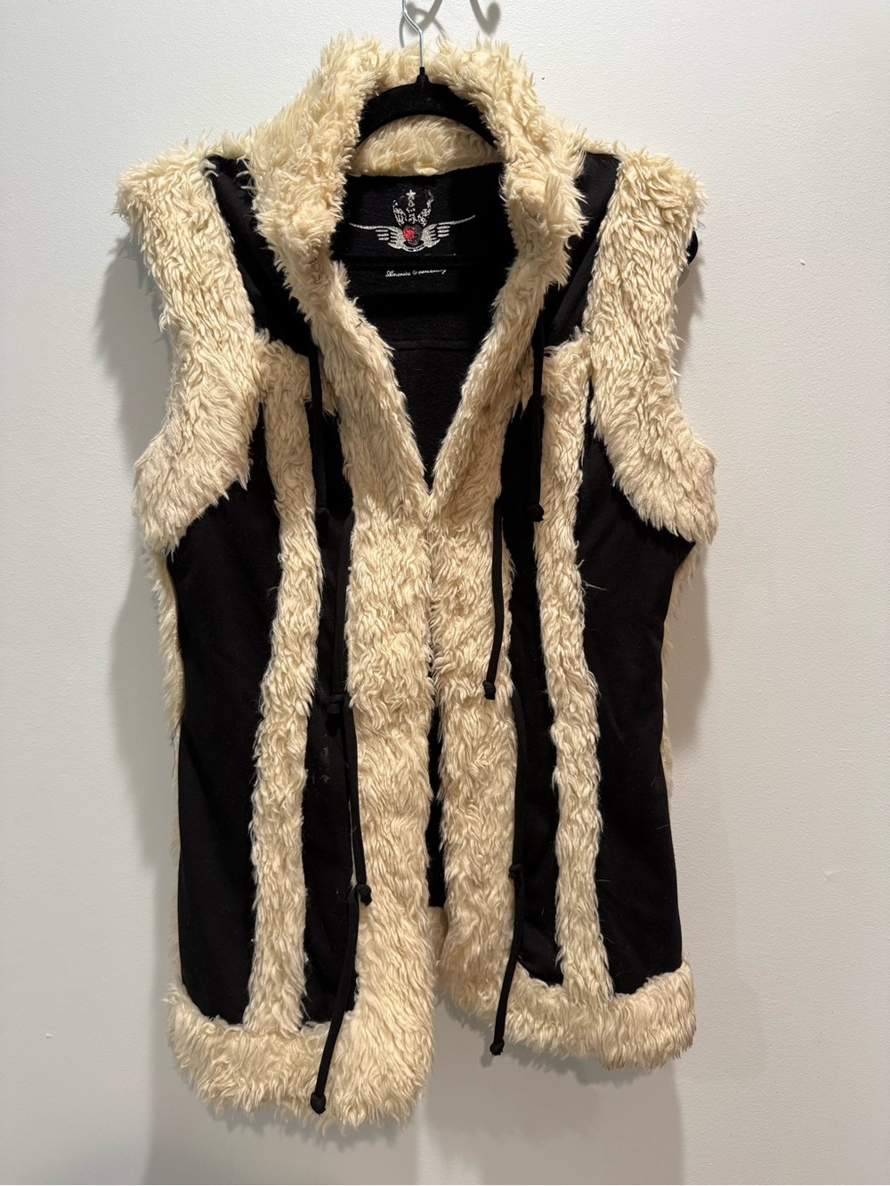 Twisted Heart Faux Fur Hooded Vest Black Cream Boho Western Festival